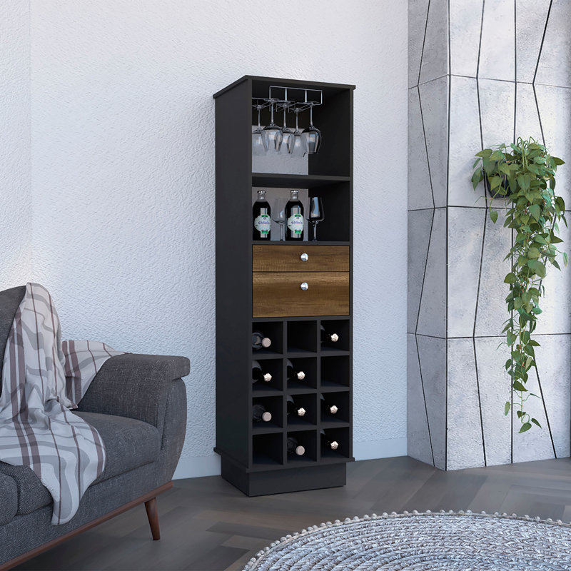 Armoire de bar classique, deux tiroirs, douze porte-bouteilles encastrés - noir / noyer