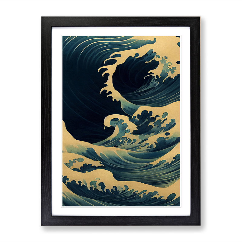 Traditional Japanese Wave No.5 - Wall Art, 48cm H x 36cm W, Black Framed, White