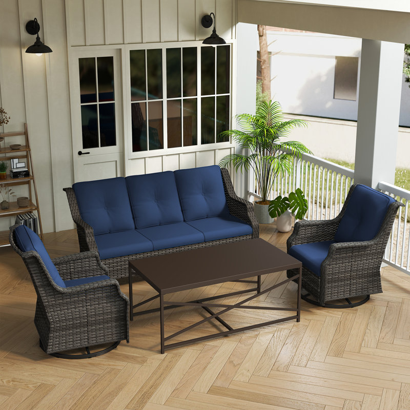 5-Person PE Wicker Outdoor Patio Set with Sofa,Swivel Chairs,Coffee Table & Blue Cushion, Blue