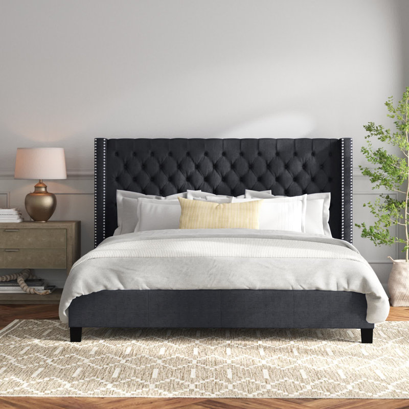 Ashton Tufted Upholstered Low Profile Platform Bed, King, Grey Linen Textured Fabric