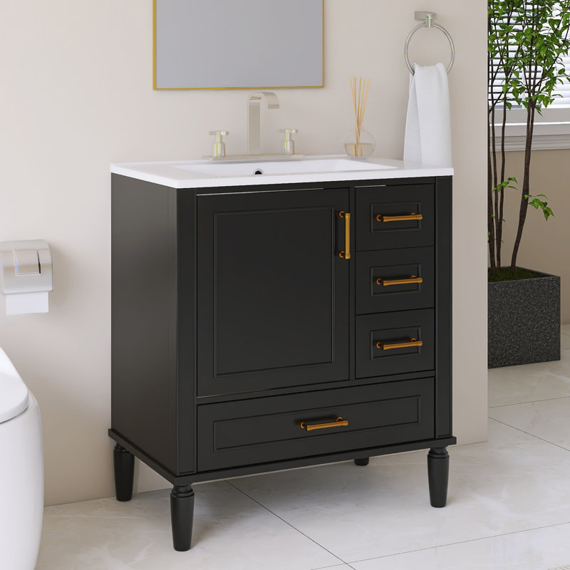 Meuble-lavabo simple autoportant de 30 po avec plateau en céramique intégré blanc, Noir