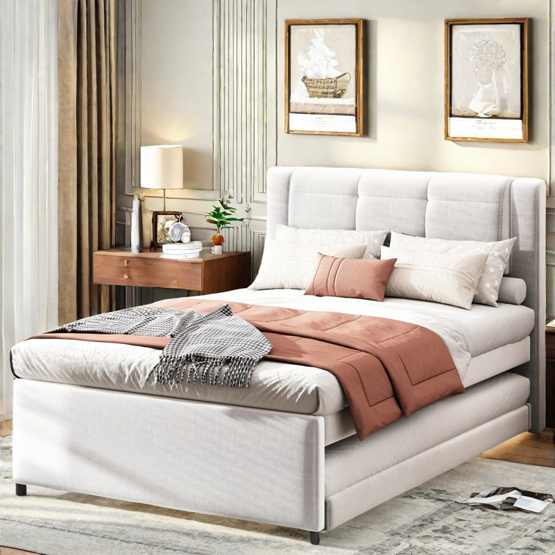 Lit plateforme avec lit gigogne multifonctionnel Velin Upholstery, Beige