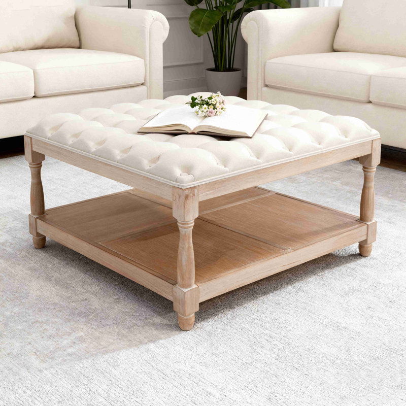 Grandes tables basses carrées avec repose-pieds pour salon, repose-pieds capitonné en lin avec tablette de rangement et pieds solides pour bureau