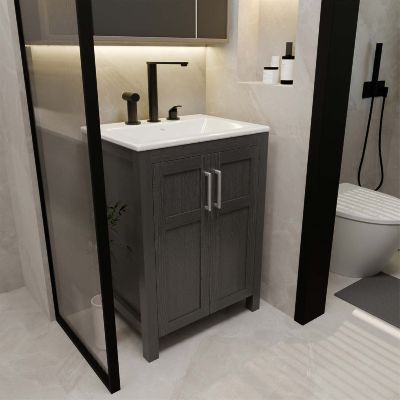 Ensemble de meuble-lavabo de salle de bain avec lavabo, robinet et drain en céramique pour des espaces compacts et une installation facile