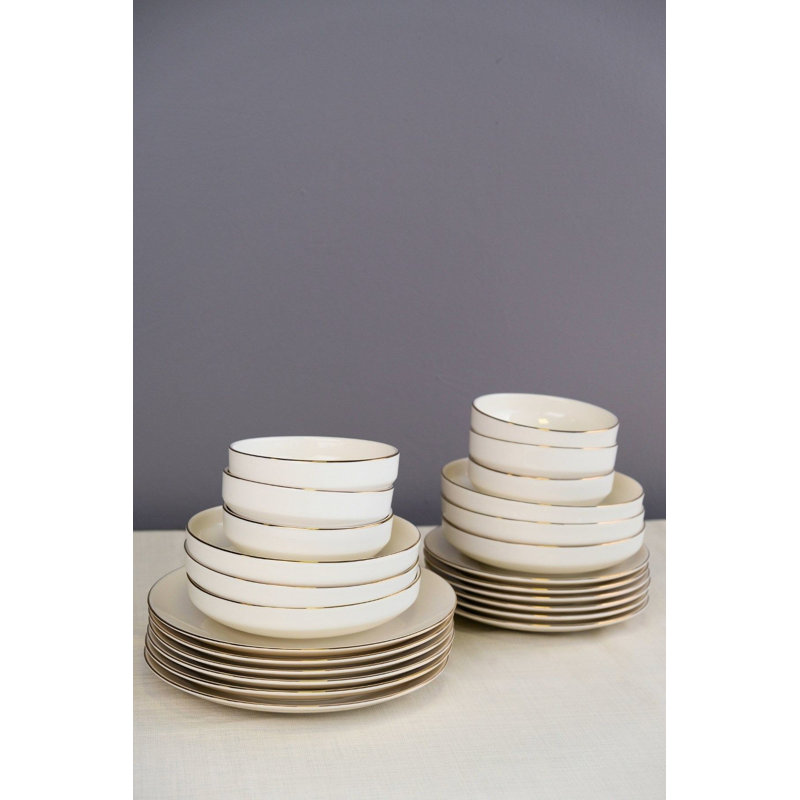 Service de table élégant 24 pièces, 100% porcelaine | Comprend 6 assiettes de service (9,8 x 9,8 x 1,0 po), 6 assiettes (8,3 x 8,3 x 1,2 po), 6 bols (5,9 x 5,9 x 1,8 po), 6 assiettes à dessert (8,7 x 8,7 x 1,0 po) | Va au lave-vaisselle jusqu'à 122 ° F, parfait pour un repas élégant