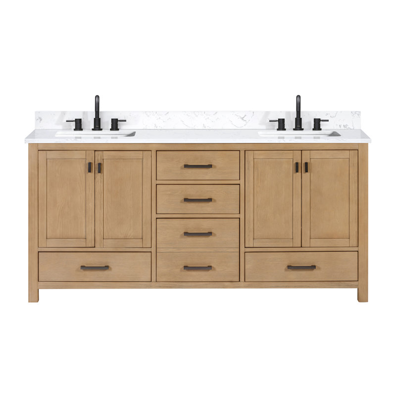 Souther 72" Double Bathroom Vanity with Top, Cala White Engineered Stone, 73", Brushed Oak
