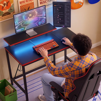 42" W L-Shaped Reversible Gaming Desk with LED Lights and Monitor Stand