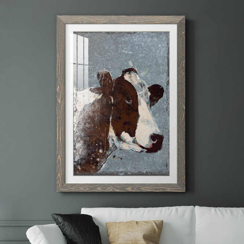 Vache sur métal galvanisé - peinture encadrée, H 31 po x l 44 po x P 1 po, Toile avec cadre gris