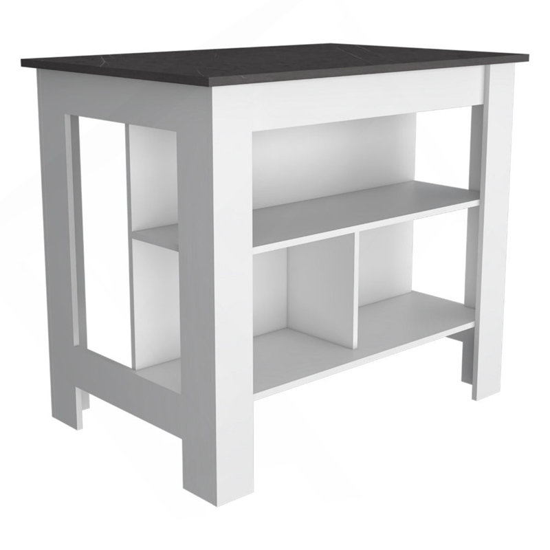 Kitchen Island, Kitchen Table 35" H, Four Legs, Three Open Storage  Shelves, White / Onix, White/Onix