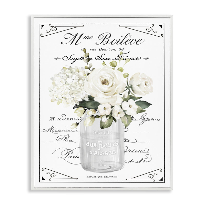 Fleurs blanches françaises et giclée Cursive encadrée, design par lettré et doublé, H 14 po x l 11 po