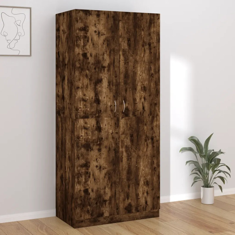 Benefiel 2 Door Manufactured Wood Wardrobe, Smoked Oak, 180cm H x 80cm W x 52cm D