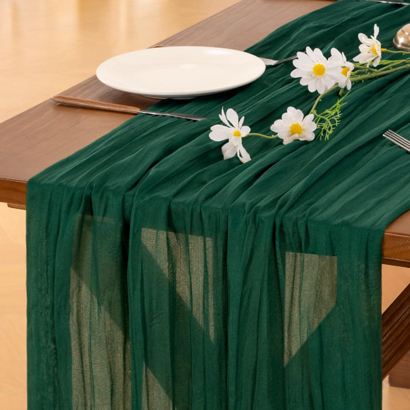 Chemin de table en gaze de fromage, style bohème estival, idéal pour mariage, anniversaire, fête ou décoration intérieure | Vert émeraude, ensemble de 2 pièces, gaze rustique de 3 m, chemin de table transparent de style ferme pour fête prénatale, enterrement de vie de jeune fille, décorations de fêtes