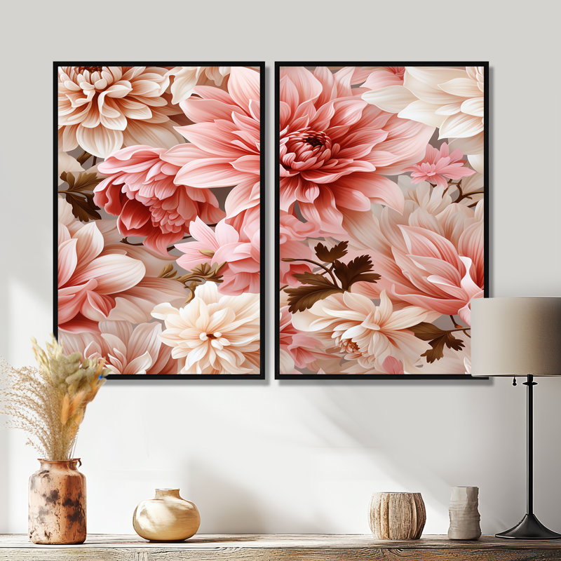 Œillets roses et blancs épanouis - 2 pièces murales roses, 36" H x 48" W, Impression encadrée flottante, Black