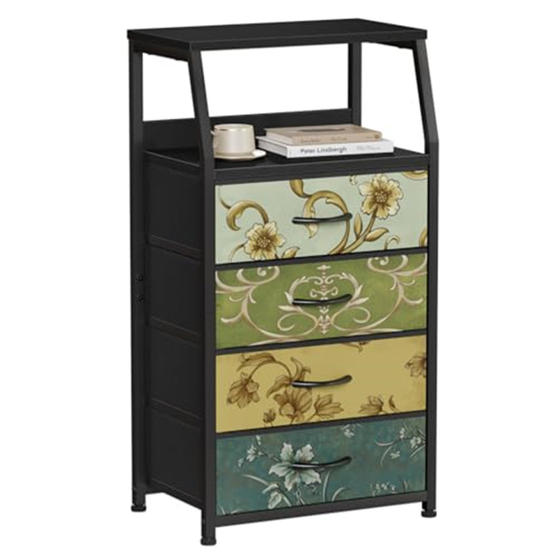 Table de chevet, grande commode 4 tiroirs pour la chambre à coucher, Floral rétro
