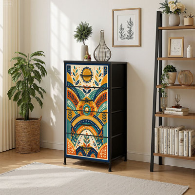 4 Drawer Vertical Storage Dresser Colorful Bohemian Folk Art Botanical Geometric Patterns with Wood Top Fabric Pull Drawers