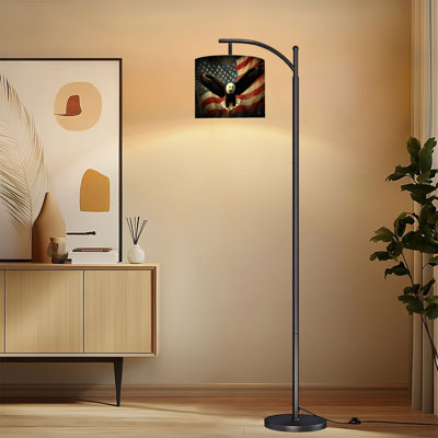 Arc Floor Lamp with Adjustable Lampshade Bald Eagle Flight American Flag Independence Day Standing Lamp 3 Color Temperatures Dimmable Tall Pole Lamp with Foot Switch for Bedroom