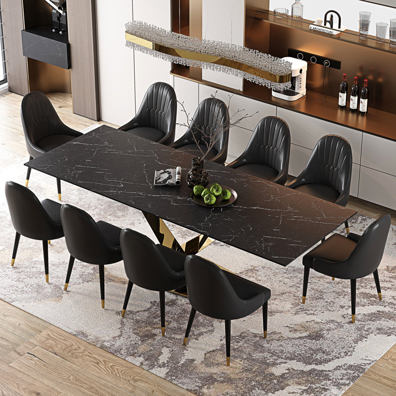 Dining Table Set With 94.5'' Extendable Sintered Stone Top And 8 Faux Leather Chairs, Black, Black, Gold