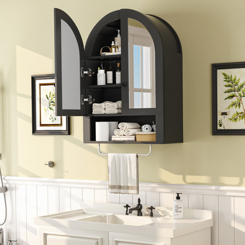 Wall Mounted Arched Cabinet with Mirrored Doors and Adjustable Shelves, Black