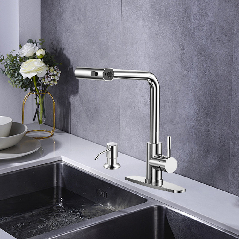 Pull-Down Sprayer Kitchen Faucet, Waterfall Kitchen Faucet, 3 Modes (Waterfall/Stream/Spray), With Soap Dispenser, Deck-Mounted Kitchen Faucet.