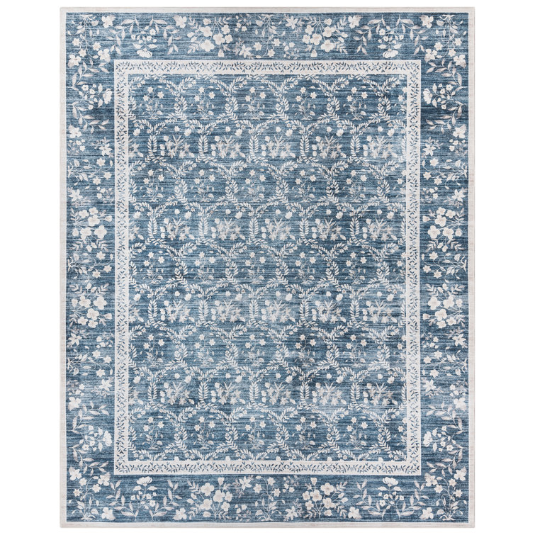 Rayna Vela Navy Blue Ivory Gray Machine Washable Transitional Leaf Floral Border Indoor Area Rug, Flat Pile for Living Room & Bedroom