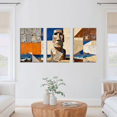 «Moai Statue Abstract Collage», reproduction d'art sur toile tendue sur toile (ensemble de 3)