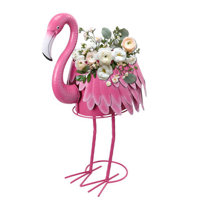 31 Inch Pink Flamingo Metal Planter – Decorative Flower Pot With Drain Hole, Indoor/outdoor Accent For Garden, Patio & Poolside
