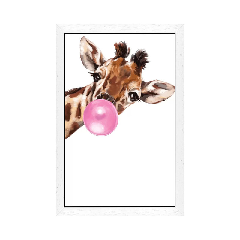 Sneaky Giraffe Blowing Bubble Gum by Big Nose Work - Print on Canvas, 152.5 cm H x 101.5 cm W, White Framed