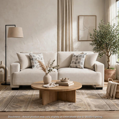 Covey Sofa with 4 Accent Pillows, Rubberwood Legs, Beige Chenille