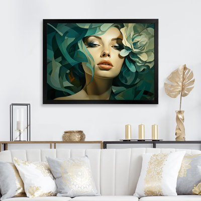«Green Floral Blossom Woman Portrait I», art mural floral femme