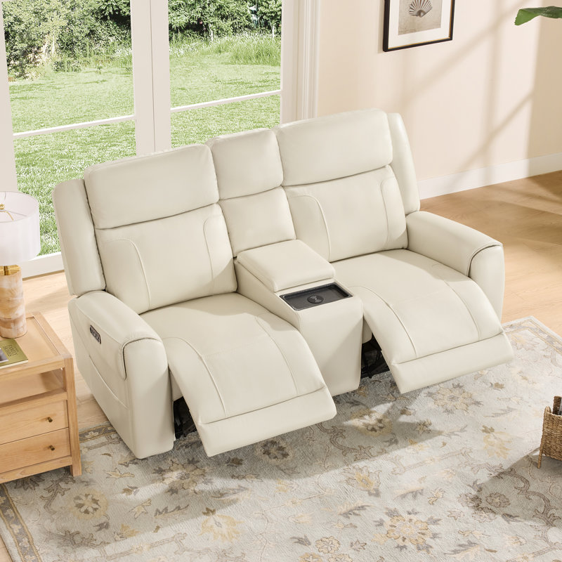 2-Seat Dual Motor Genuine Leather zero clearence recliner Power Recliner Sofa With Power Headrest And Console, Cream