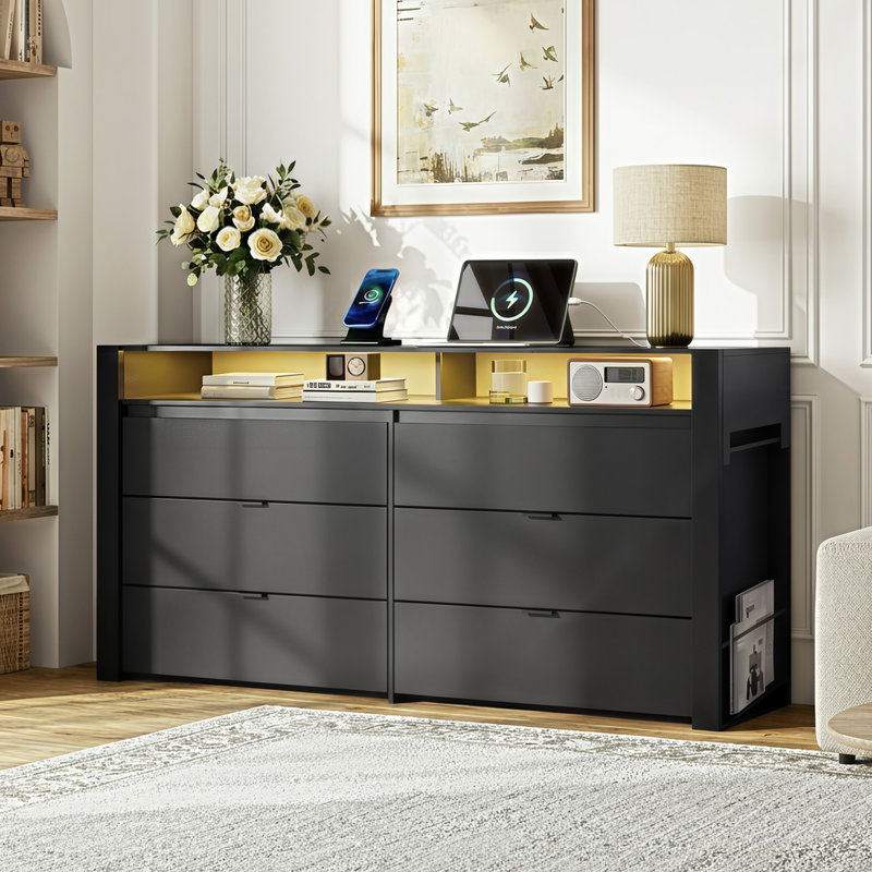 Commode l 78 po à 6 tiroirs pour chambre à coucher, commode extensible avec station de charge USB, grande commode avec tablettes flexibles et support à suspendre pour garde-robe, chambre de bébé, salon (télé de 85 po)