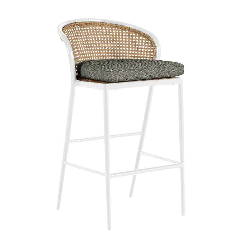 Havana 29.75" Patio Bar Stool with Cushion, Welt, Chalk/Natural Cane, Intermix Indigo