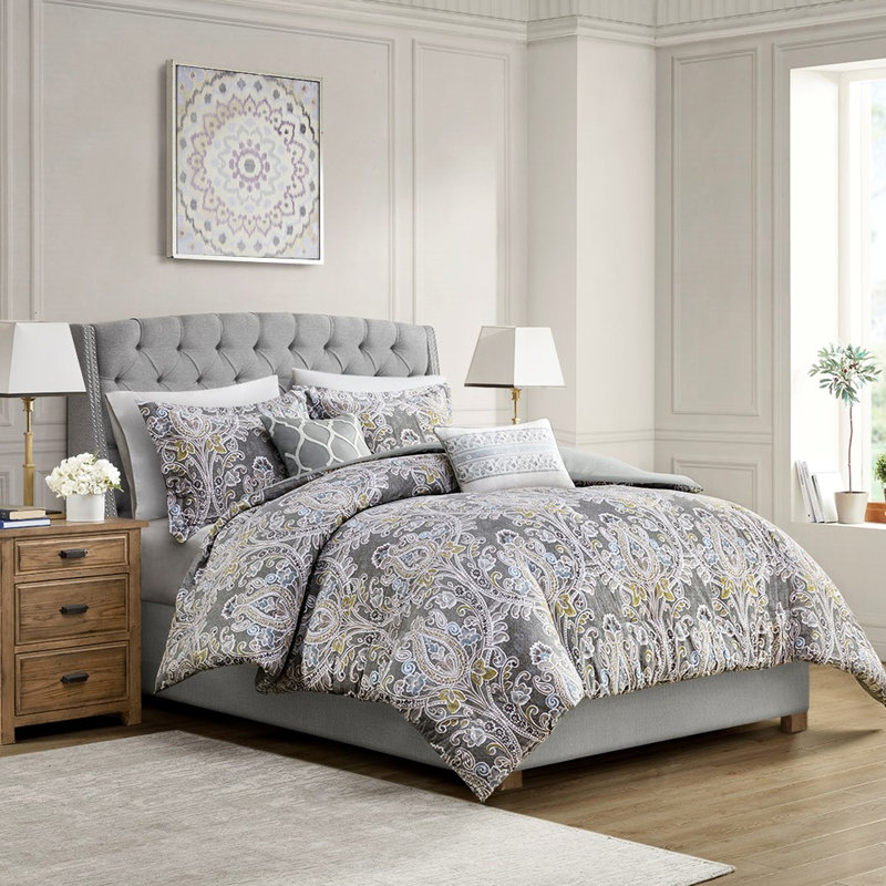 Housse de couette grise en coton avec coussins décoratifs et taies décoratives 5 pièces