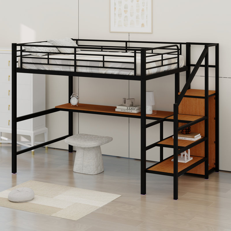 Lofted Bed Frame With Storage Wardrobe, Shelves And Charging Station, Black