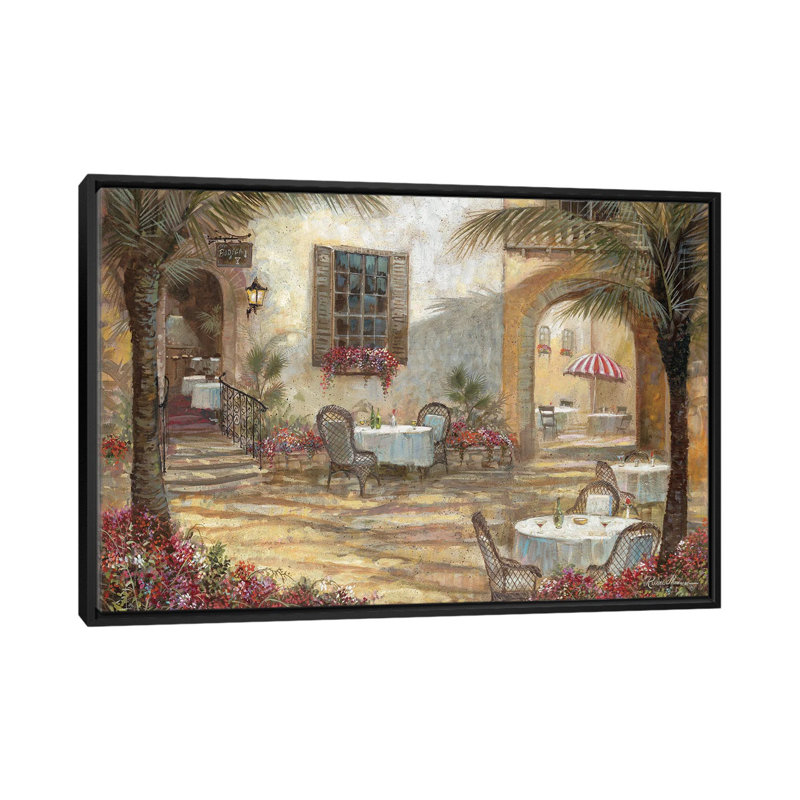 «Courtyard Ambiance» par Ruane Manning - reproduction d'art, H 18 po x l 26 po x P 1,5 po, Toile avec cadre noir, Aucun mat