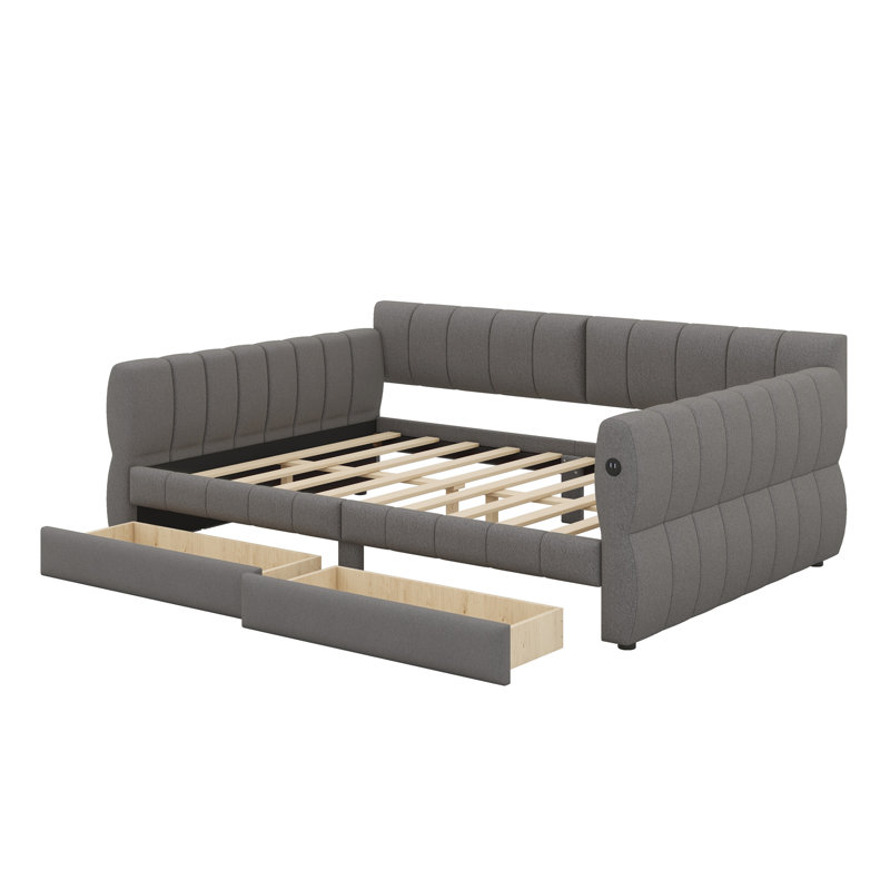 Lit plateforme tapissier avec port USB et 2 tiroirs, Gris