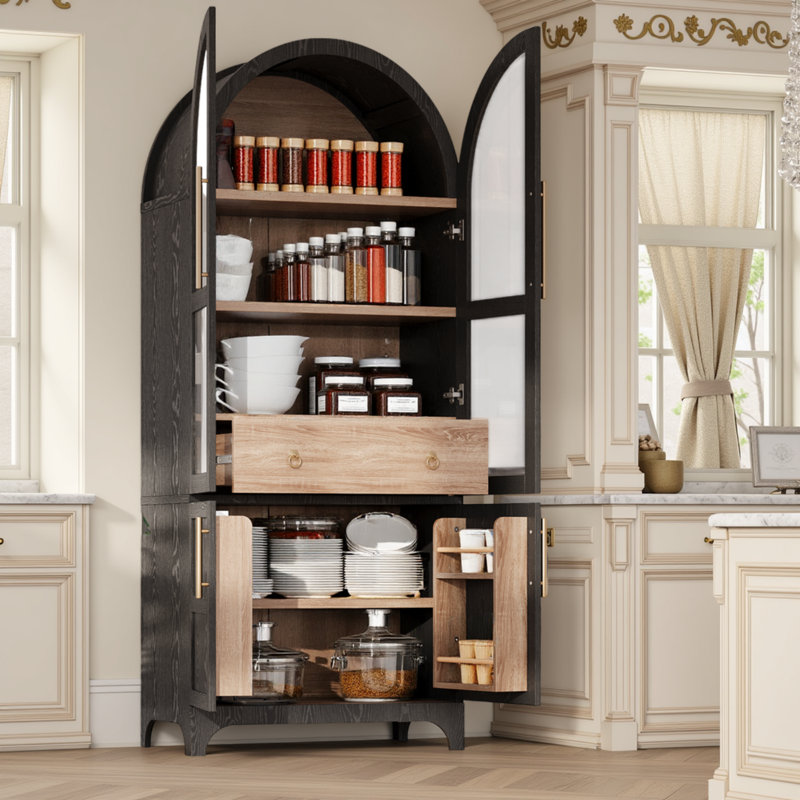 4 Doors Arched Two-Tone Kitchen Pantry Cabinet with Adjustable Shelves and Hidden Drawer, Black