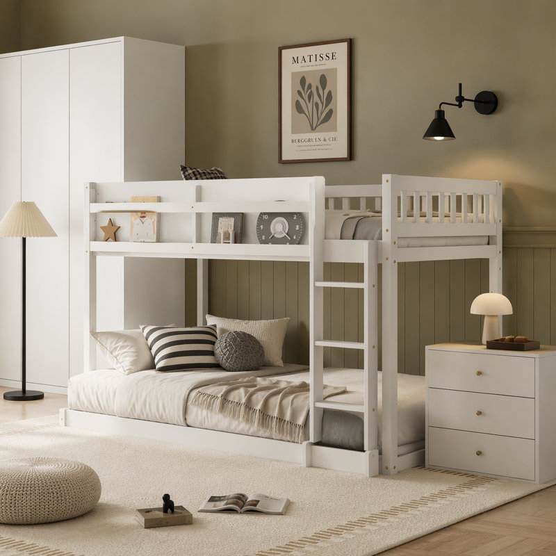 Lit superposé bas simple au-dessus de simple, lit superposé au sol avec échelle, lit superposé simple en bois massif pour enfants et enfants, blanc