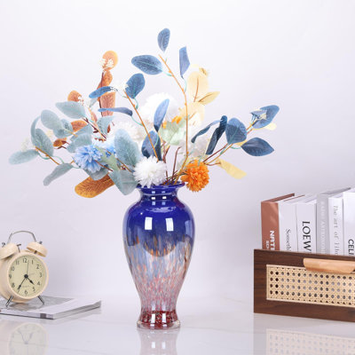 Grand vase en verre, magnifique vase en verre, décoration intérieure d'art moderne, vases colorés à large ouverture pour foyer, centre de table, entrée, salon, décoration de mariage (bleu)