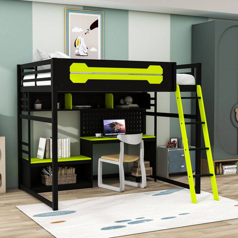 Lit mezzanine avec bureau, tablettes, lumières DEL et ports USB, Noir-vert