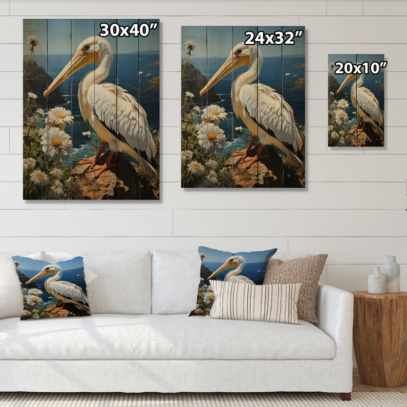 Pélican gris, montre côtière pastorale sur bois, H 40 po x l 30 po x P 0,78 po