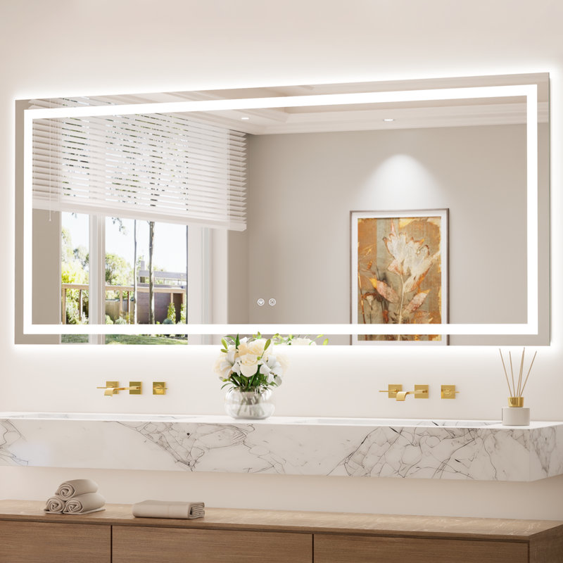 Front & Back LED Lighted Tempered Glass Dimmable Anti Fog Bathroom Vanity Mirror, 72" x 32"