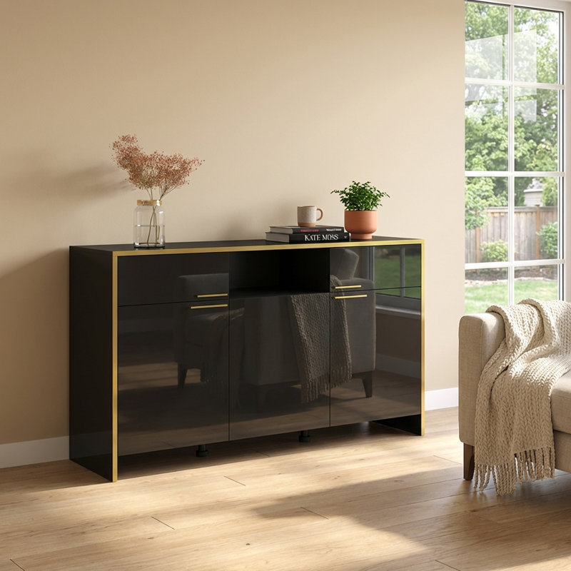 Glam 57.3" Sideboard with High Gloss Finish, Black