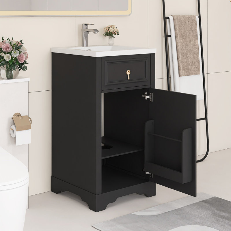 Meuble-lavabo autoportant de 20 po avec lavabo en céramique, Black, Gold