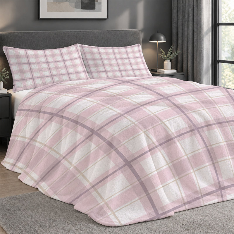 Premium Flannel Lightweight Blanket & 2 Pillow Shams Set with Pink & White Minimalist Checkered Grid, Ultra-Soft & Warm Cozy Bedding Set for All-Season, 60" x 80" Blanket + 2 Pillowcases Anti-Pilling & Machine Washable(Set of 3)