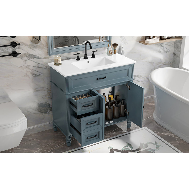 Meuble-lavabo autoportant bleu de 36 po, lavabo encastré en bois massif et en céramique, une armoire, deux tiroirs, poignées en métal, mélange de revêtement antitache, noir rétro lisse facile à entretenir