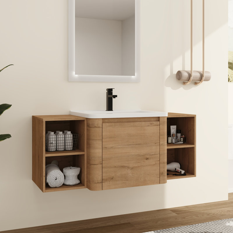 Narnby 48'' Wall-Mounted Single Bathroom Vanity With Ceramic Top, 48" W, Beige