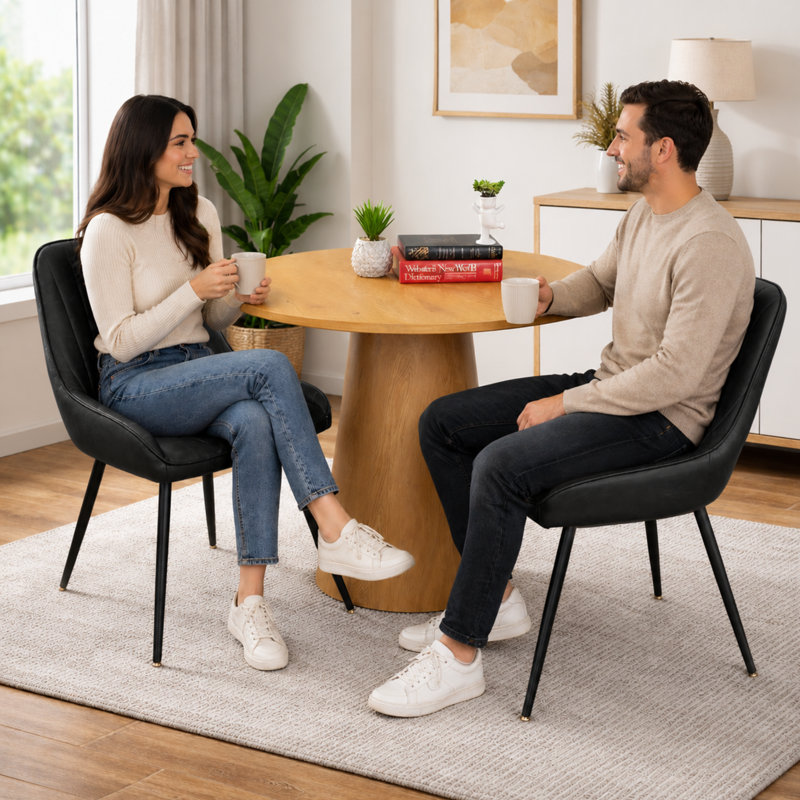 Set of 2 PU Leather Upholstered Stitching Low Armrest Side Dining Chair, Black