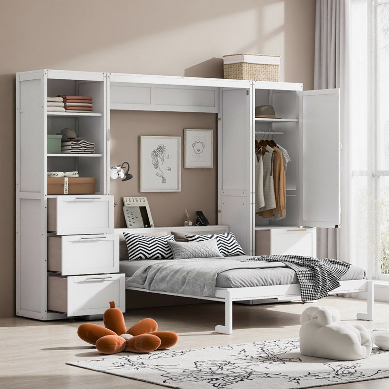 VARELON Queen Size Murphy Bed Wall Bed With Closet ,Drawers And Shelves, White