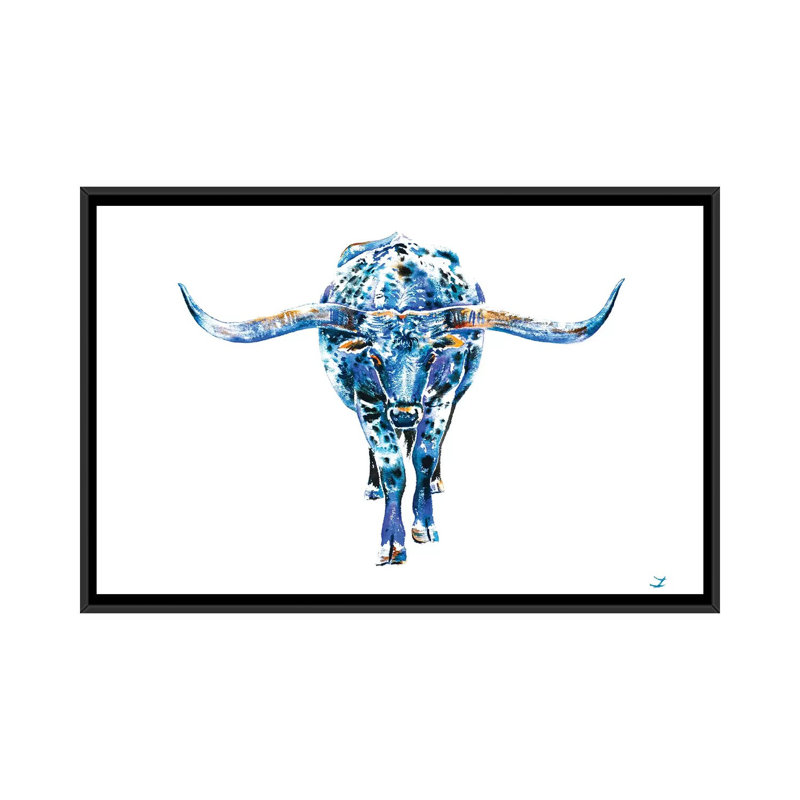 «Texas Longhorn», impression sur toile, H 18 po x l 26 po x P 1,5 po, Toile avec cadre noir, Pas de tapis